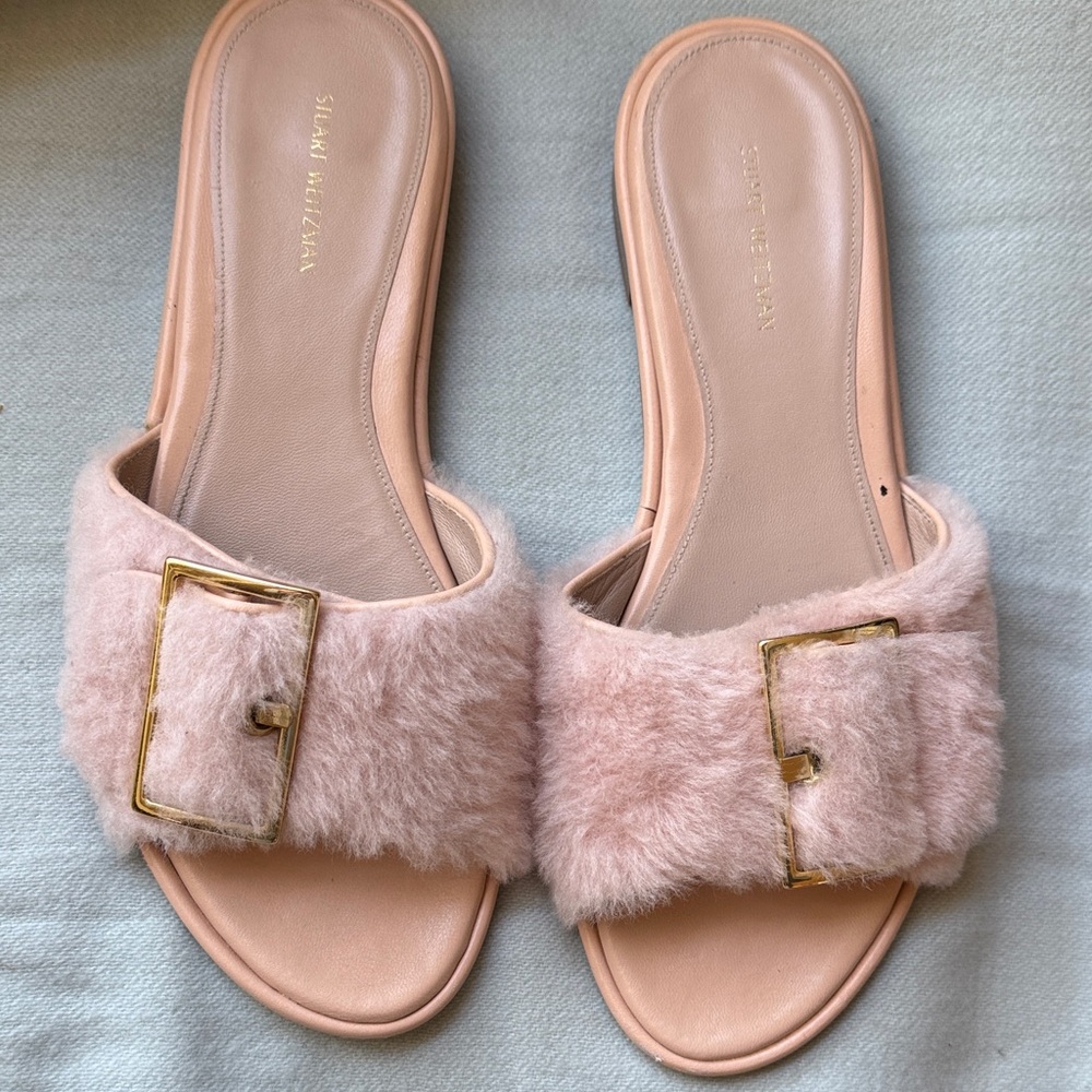 Stuart Weitzman Pink Fur Slide Sandals with Gold Buckles